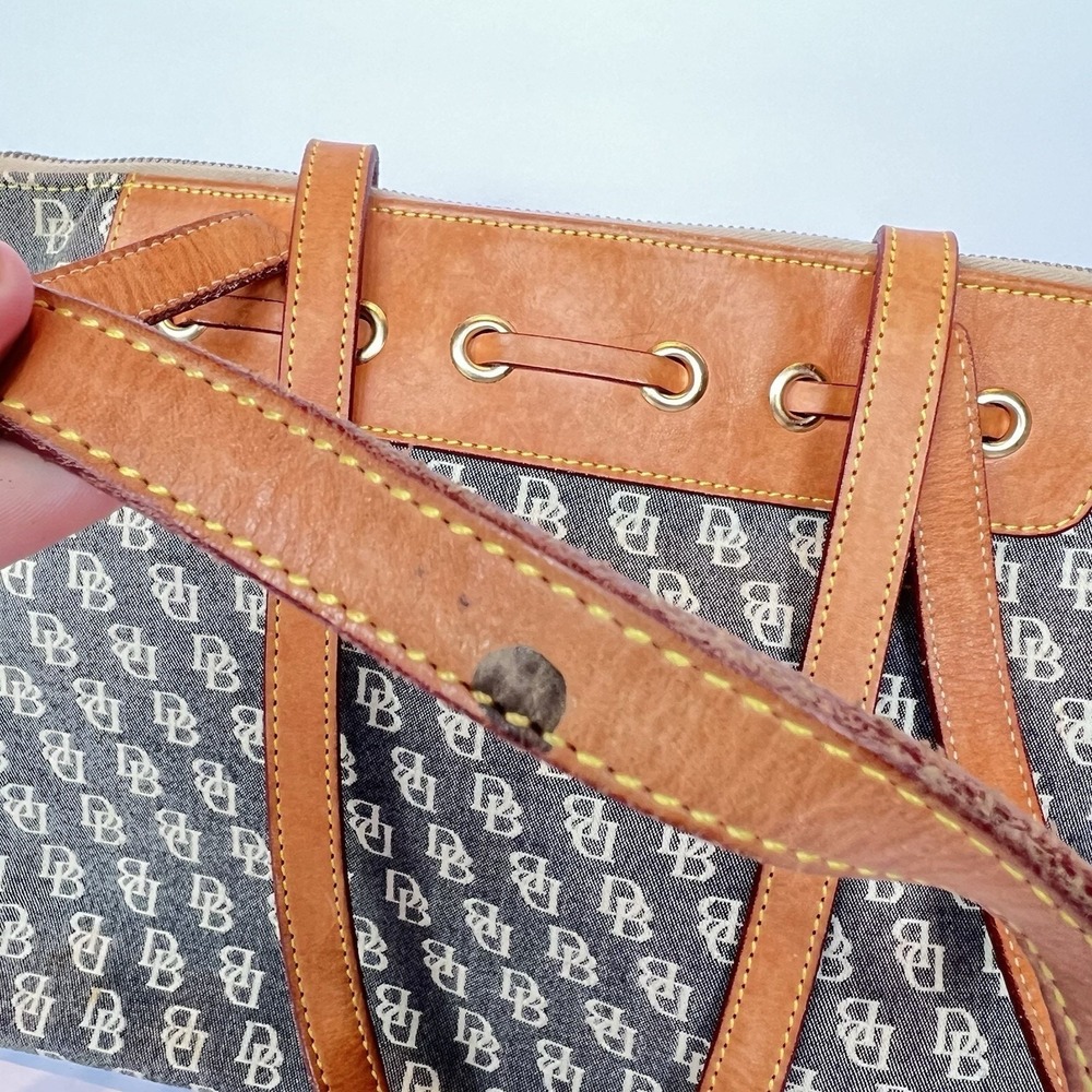 Dooney & Bourke Monogram Canvas Tote Bag Blue Tan Leather Trim Vintage Y2K Boho - Picture 3 of 8